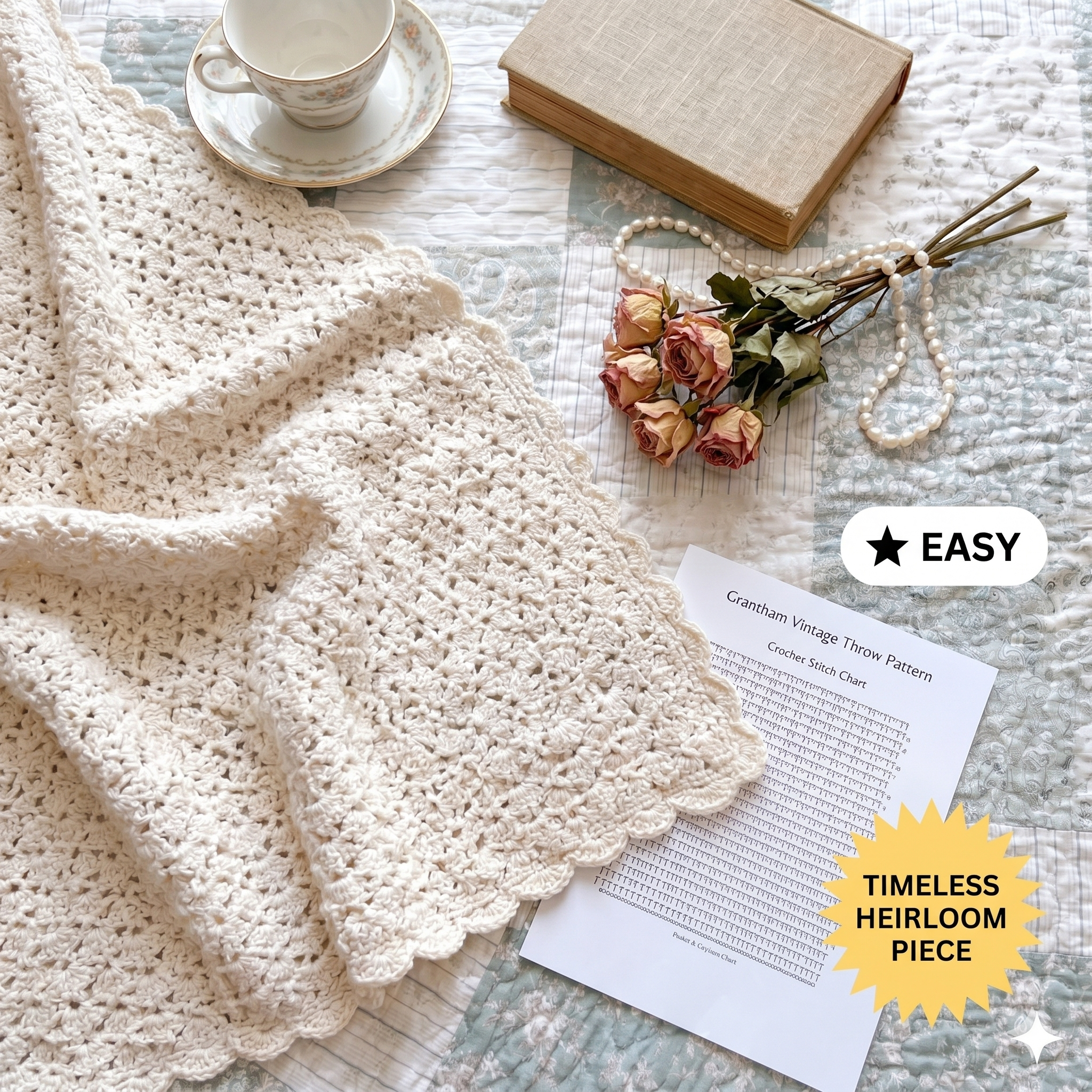 CROCHET PATTERN | Vintage-inspired throw blanket | feminine lacy blanket | Downton Abbey