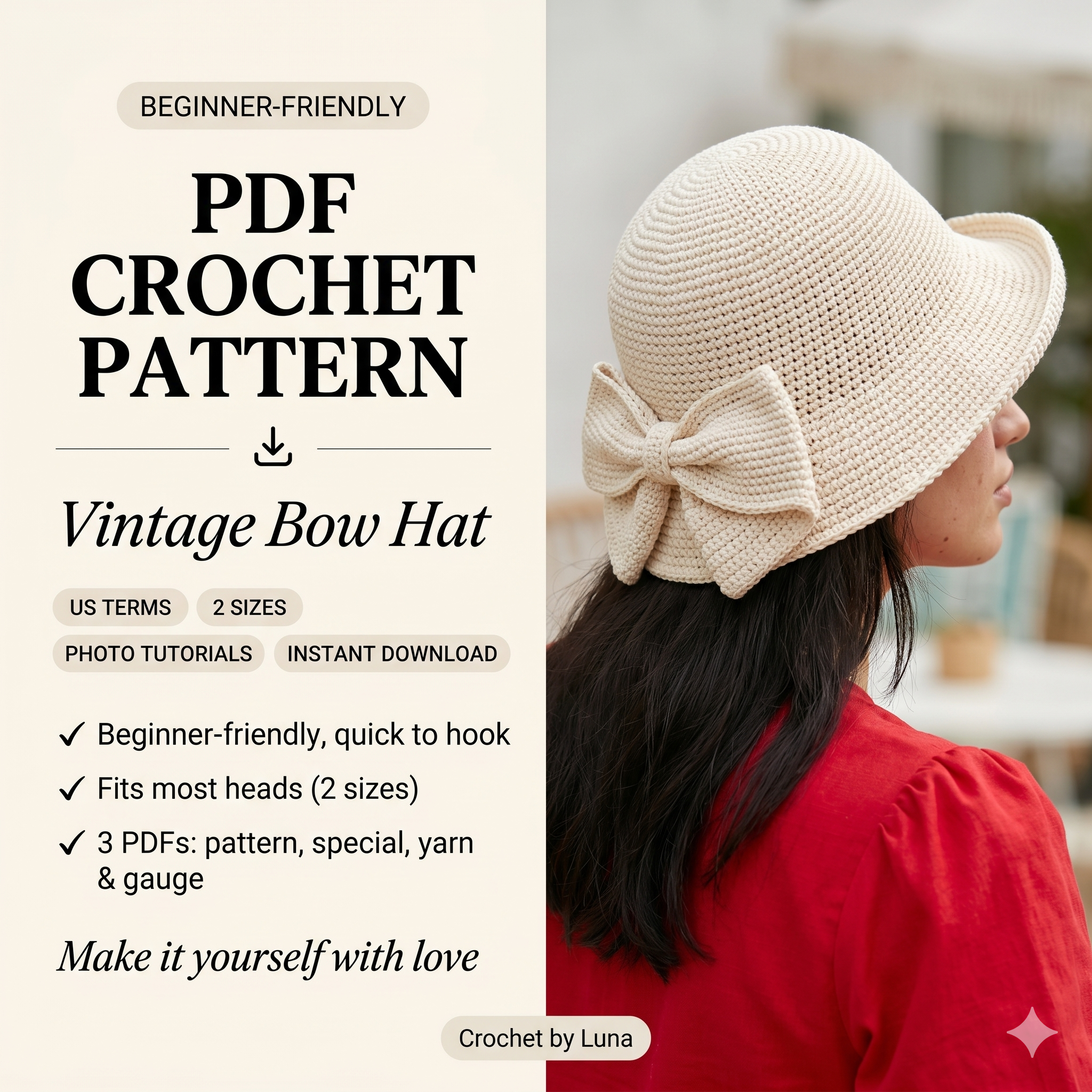 Vintage Bow Hat — Crochet Pattern (PDF) | Summer Sun Hat with Bow