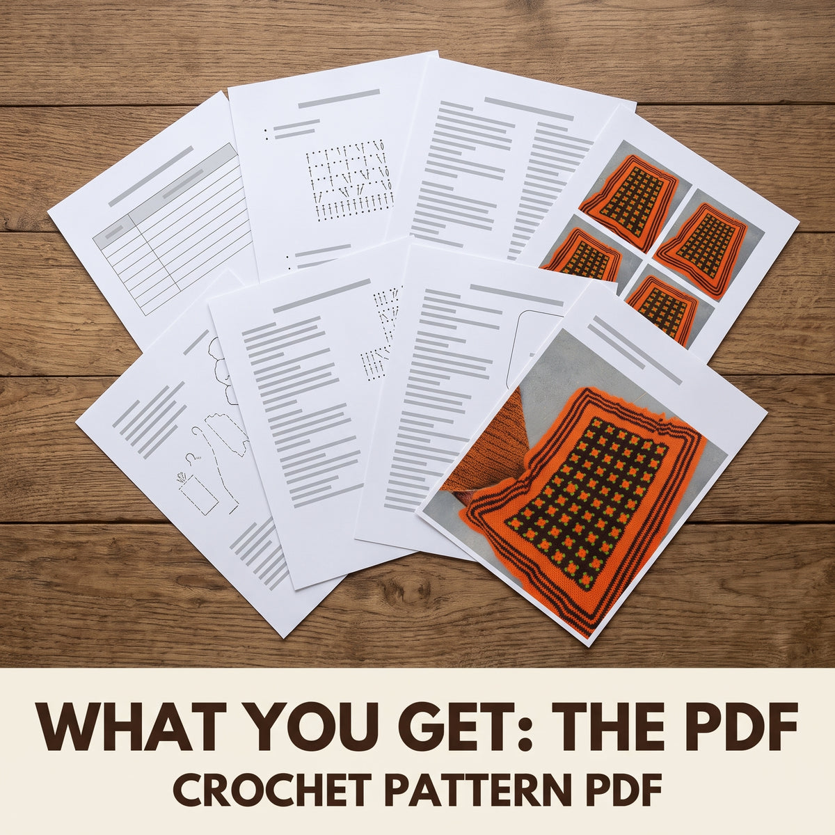 Vintage Granny Square Blanket Crochet Pattern PDF, Orange and Brown Afghan with Scalloped Edge, Full Instructions