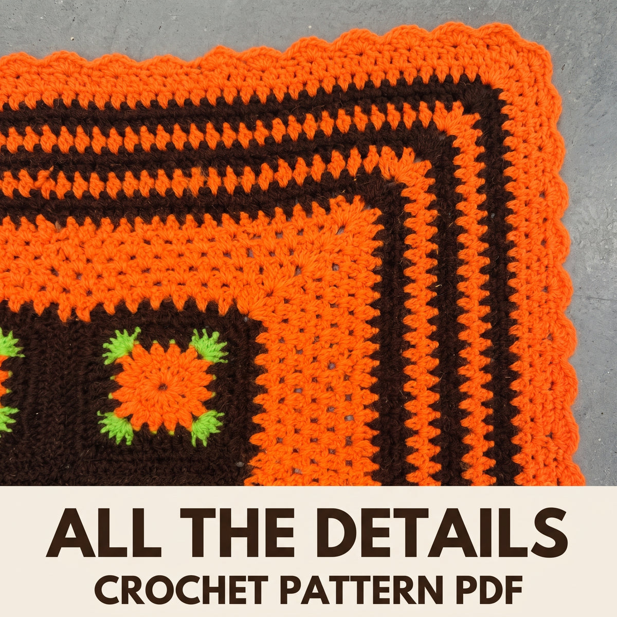 Vintage Granny Square Blanket Crochet Pattern PDF, Orange and Brown Afghan with Scalloped Edge, Full Instructions