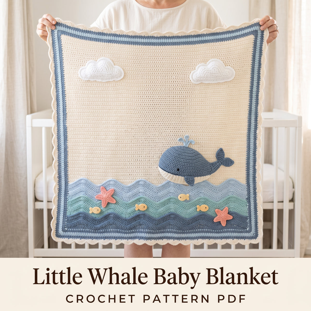Whale Baby Blanket Crochet Pattern PDF, 3D Whale and Ocean Waves Nursery Afghan, Baby Boy Shower Gift, Instant Download
