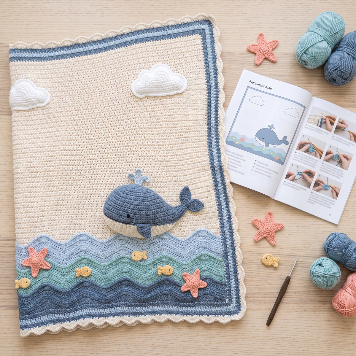 Whale Baby Blanket Crochet Pattern PDF, 3D Whale and Ocean Waves Nursery Afghan, Baby Boy Shower Gift, Instant Download