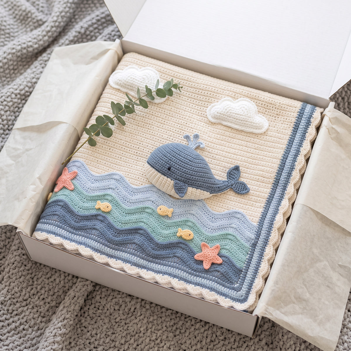 Whale Baby Blanket Crochet Pattern PDF, 3D Whale and Ocean Waves Nursery Afghan, Baby Boy Shower Gift, Instant Download