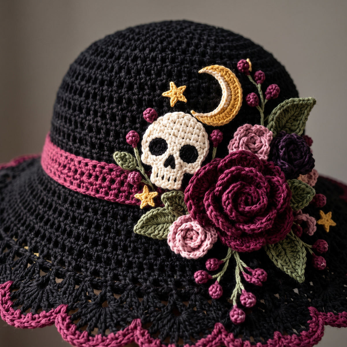Wide Brim Crochet Hat Pattern PDF, Gothic Skull, Roses & Moon Appliqué