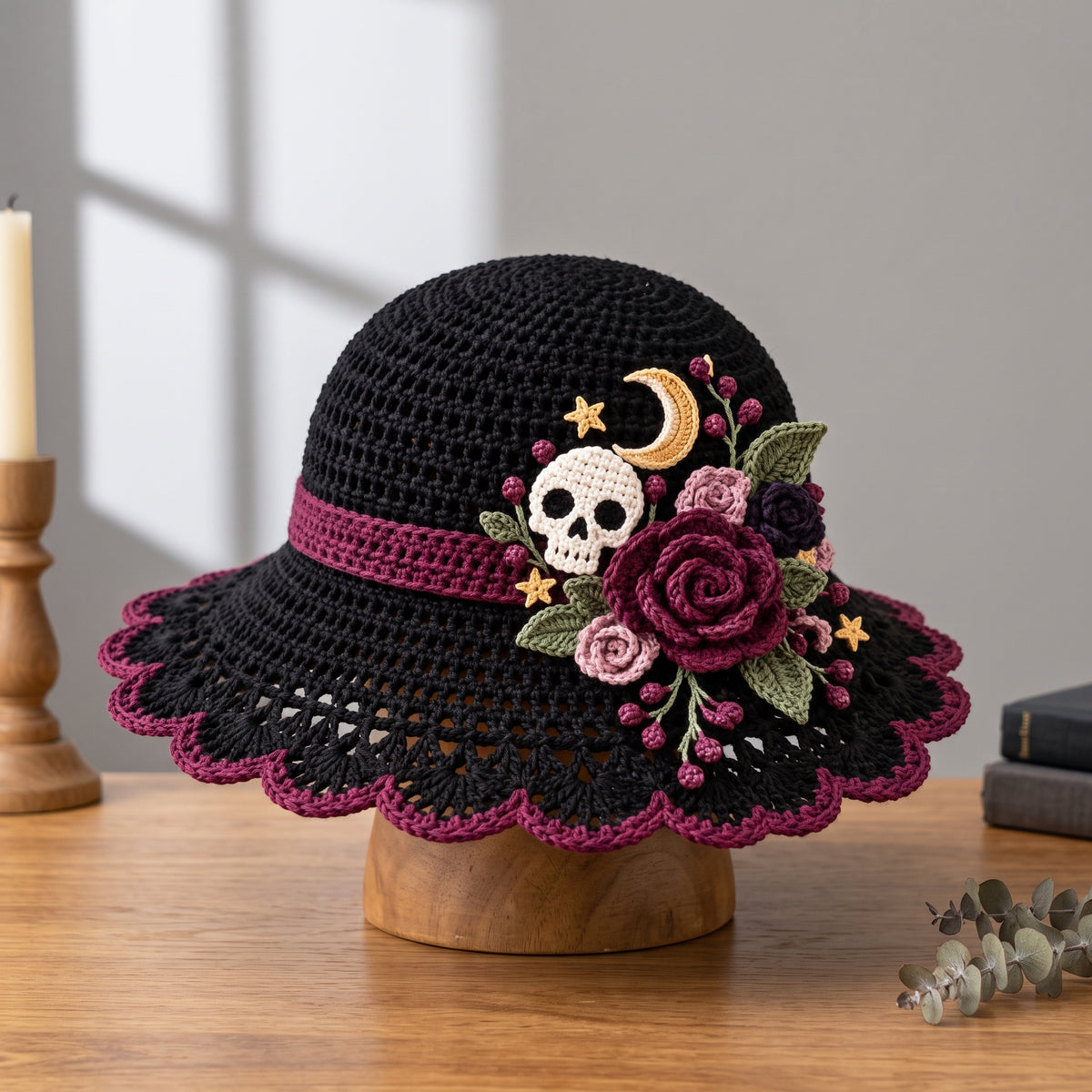 Wide Brim Crochet Hat Pattern PDF, Gothic Skull, Roses & Moon Appliqué