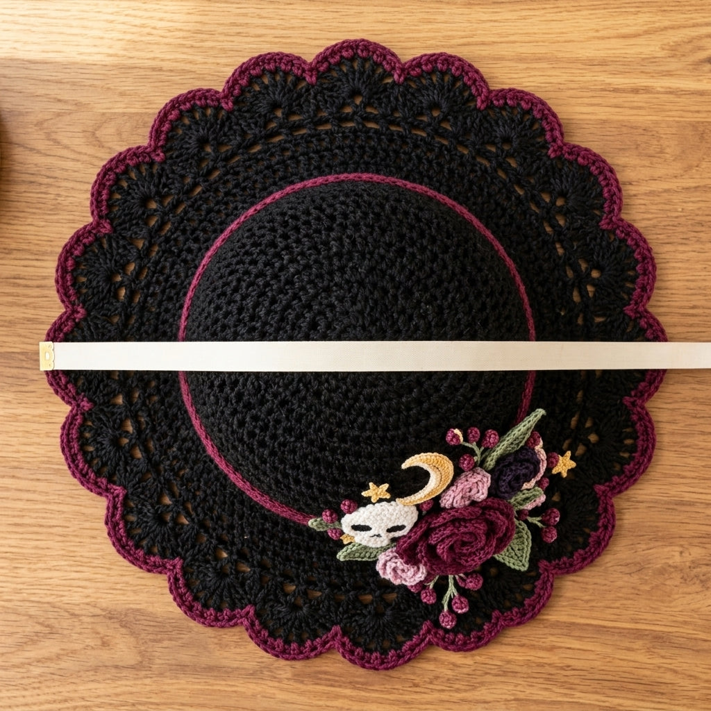 Wide Brim Crochet Hat Pattern PDF, Gothic Skull, Roses & Moon Appliqué