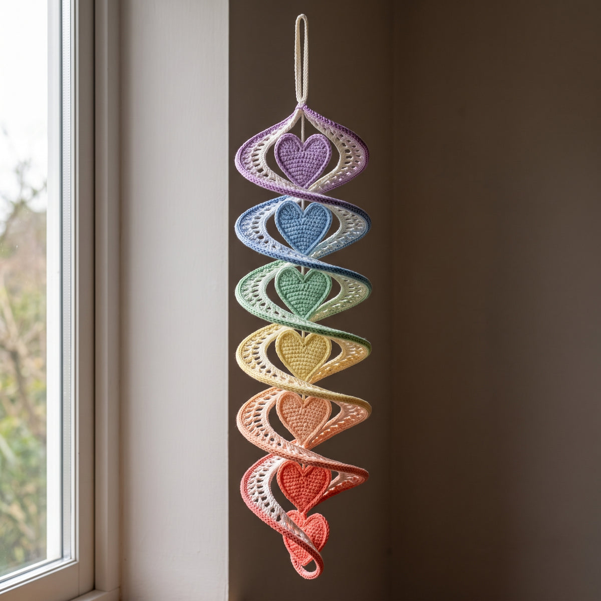 Crochet Heart Wall Hanging Pattern PDF | Rainbow Spiral Window Decoration, 6 Hearts | 31-32 in Finished | US Terms
