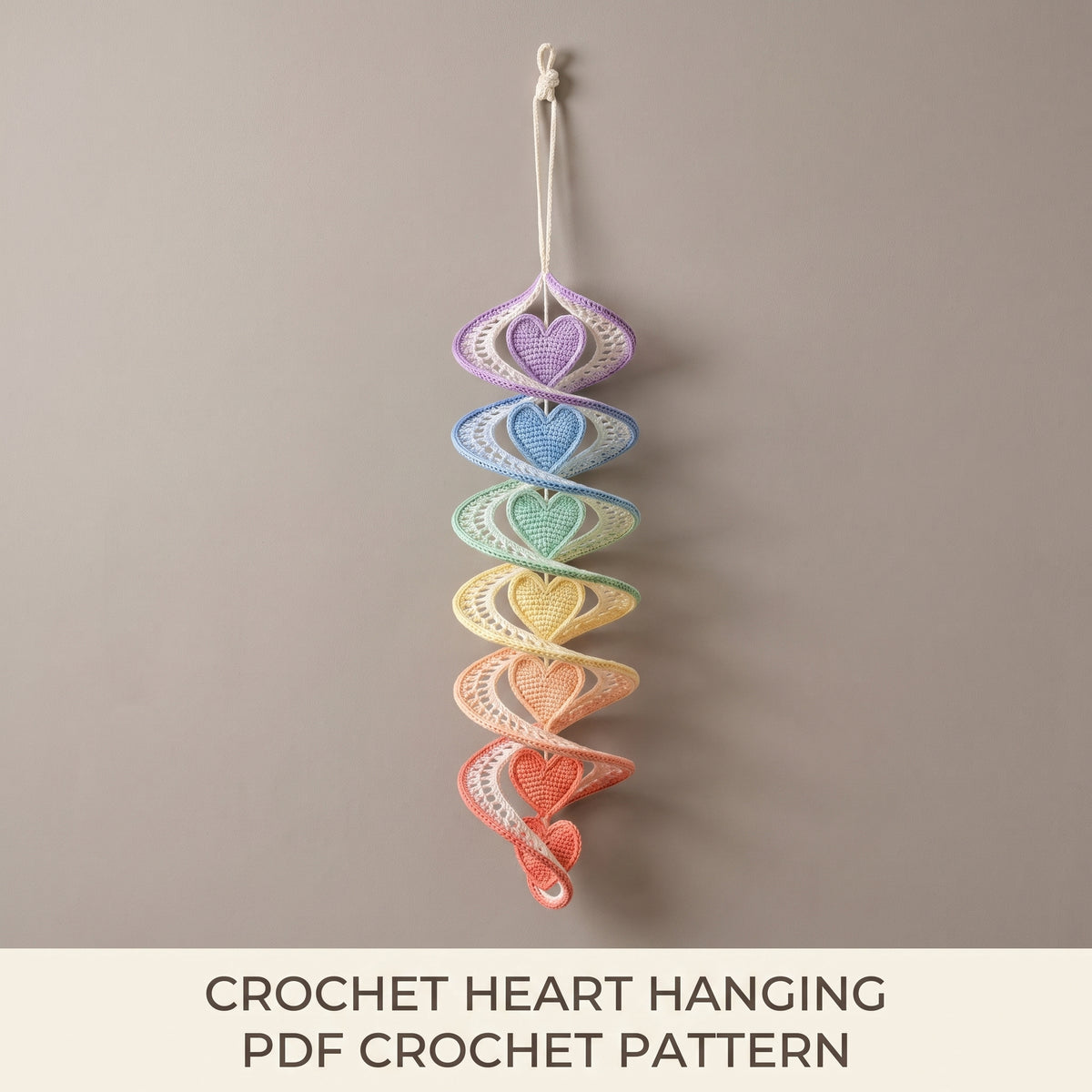 Crochet Heart Wall Hanging Pattern PDF | Rainbow Spiral Window Decoration, 6 Hearts | 31-32 in Finished | US Terms
