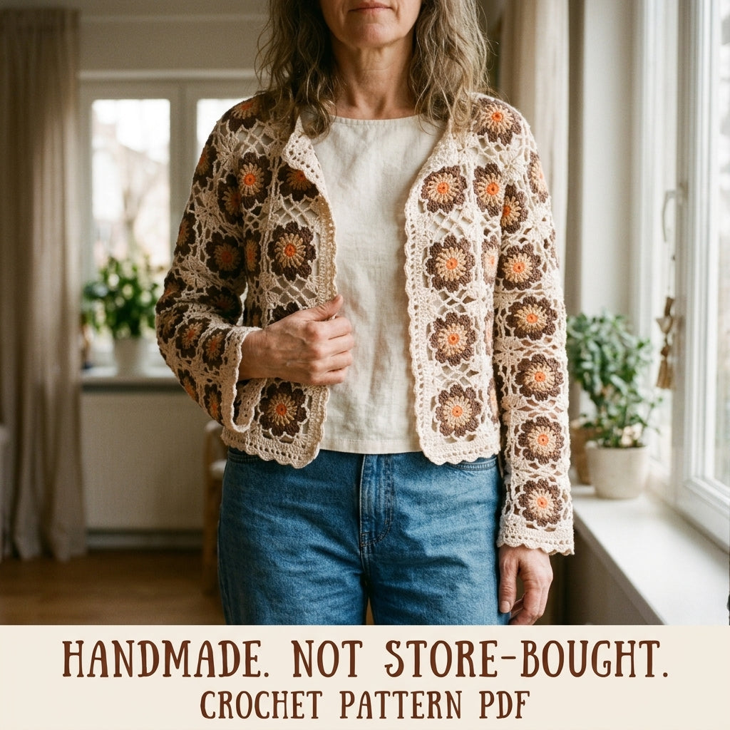 Brown Flower Square Cardigan Crochet Pattern PDF – Cropped Boho Cardigan