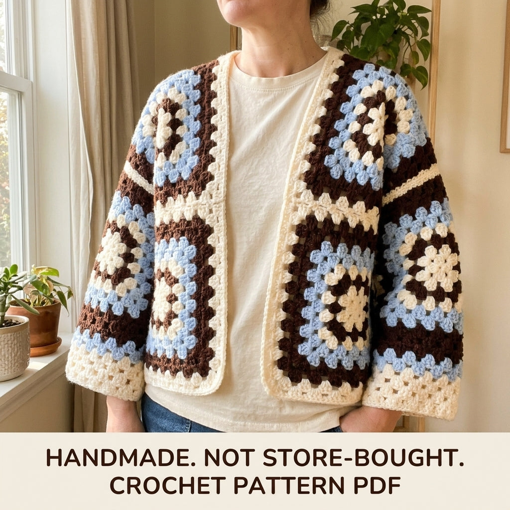 Chocolate and Sky Granny Square Cardigan Crochet Pattern PDF – Boxy Brown and Blue Cardigan