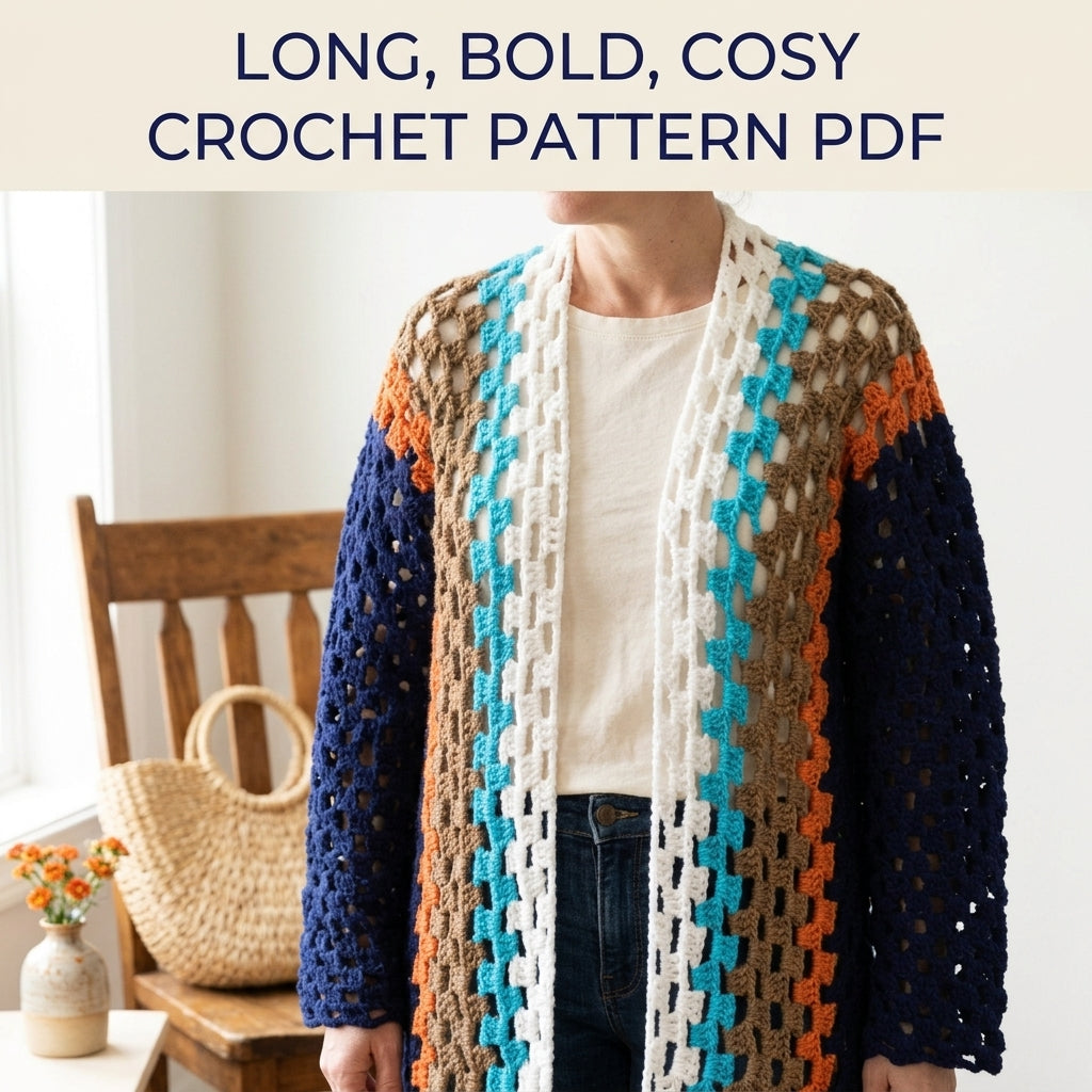 Hexagon Cardigan Crochet Pattern PDF – Long Granny Stripe Cardigan