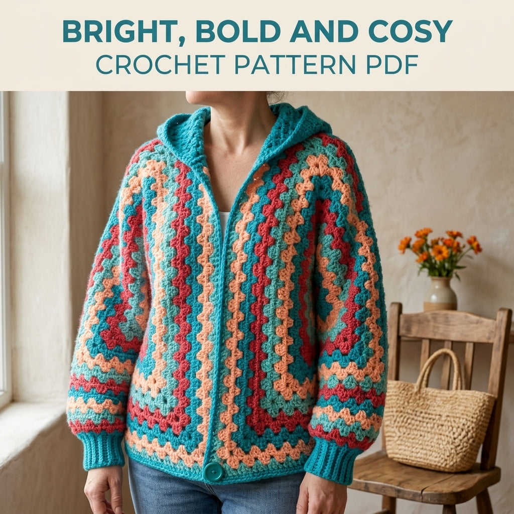 Hooded Hexagon Cardigan Crochet Pattern PDF – Granny Stripe Hoodie Cardigan