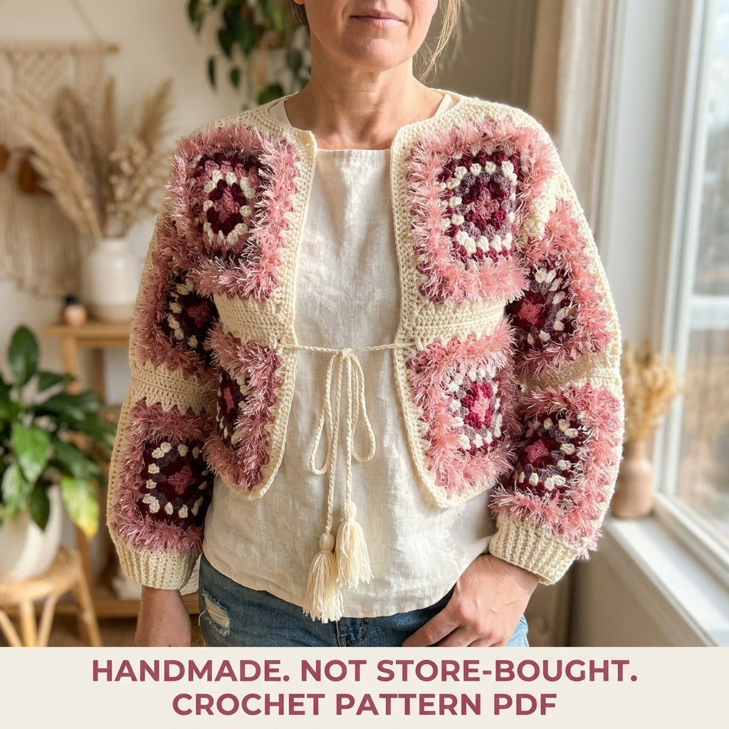 Fluffy Pink Cardigan Crochet Pattern PDF – Granny Square Cropped Tie Cardigan