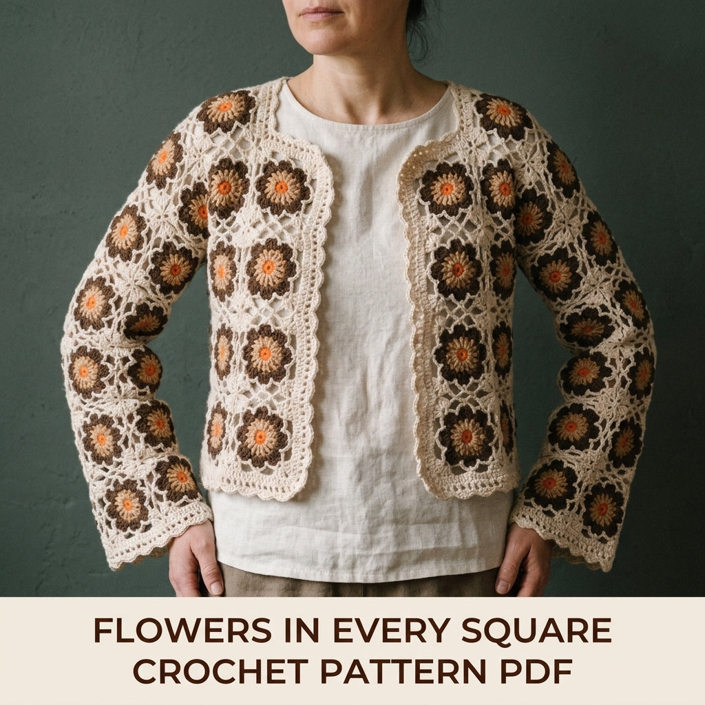 Brown Flower Square Cardigan Crochet Pattern PDF – Cropped Boho Cardigan