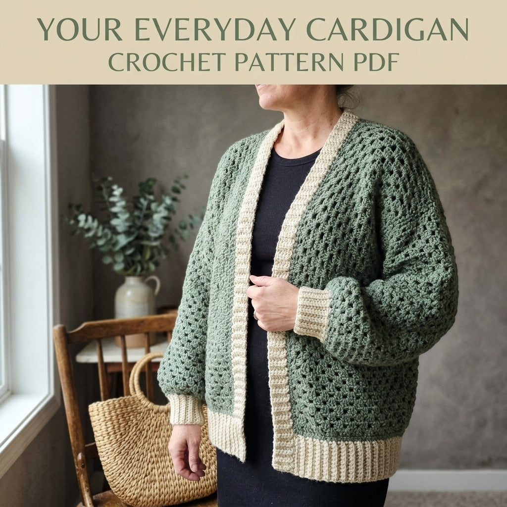 Sage Granny Stitch Cardigan Crochet Pattern PDF – Oversized Cardigan with Ribbed Band