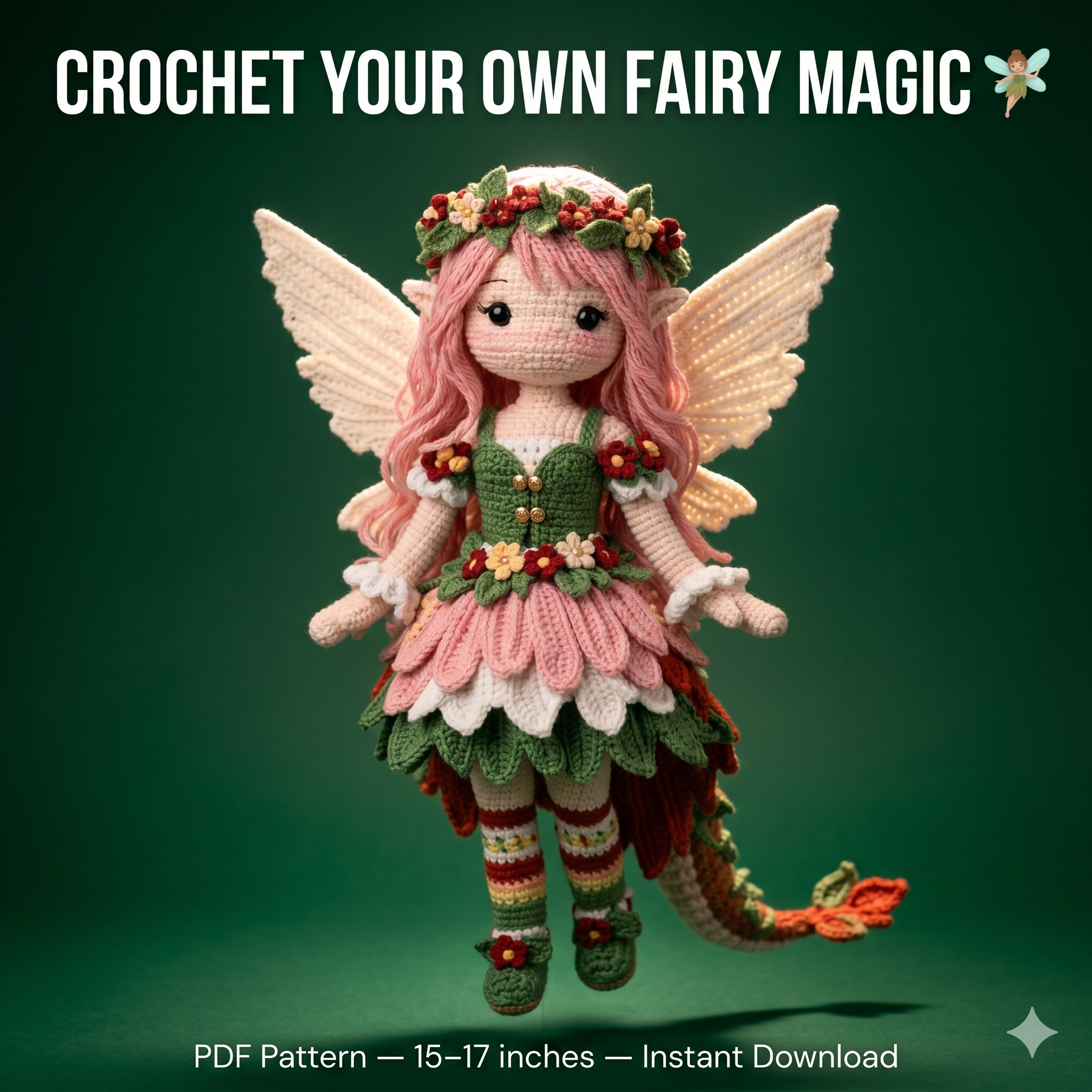Woodland Fairy Dragon Doll Crochet Pattern PDF, Amigurumi Fantasy Doll Pattern, Flower Fairy Toy, Handmade Crochet Doll Tutorial