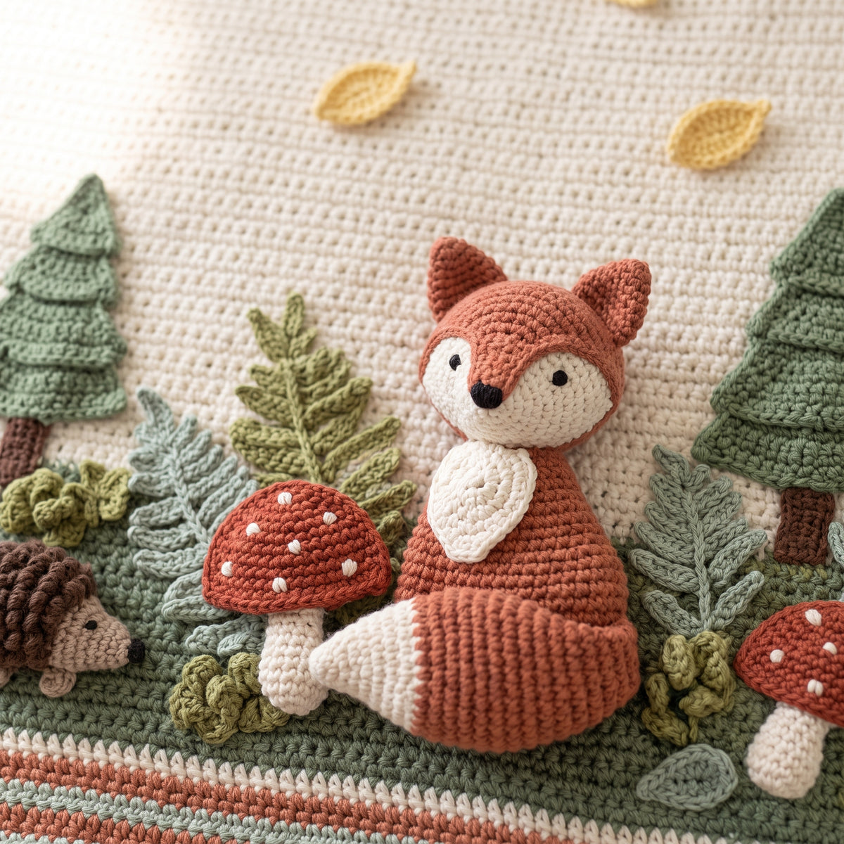 Woodland Fox Baby Blanket Crochet Pattern PDF, 3D Fox, Toadstools and Ferns Nursery Afghan, Gender Neutral Baby Gift