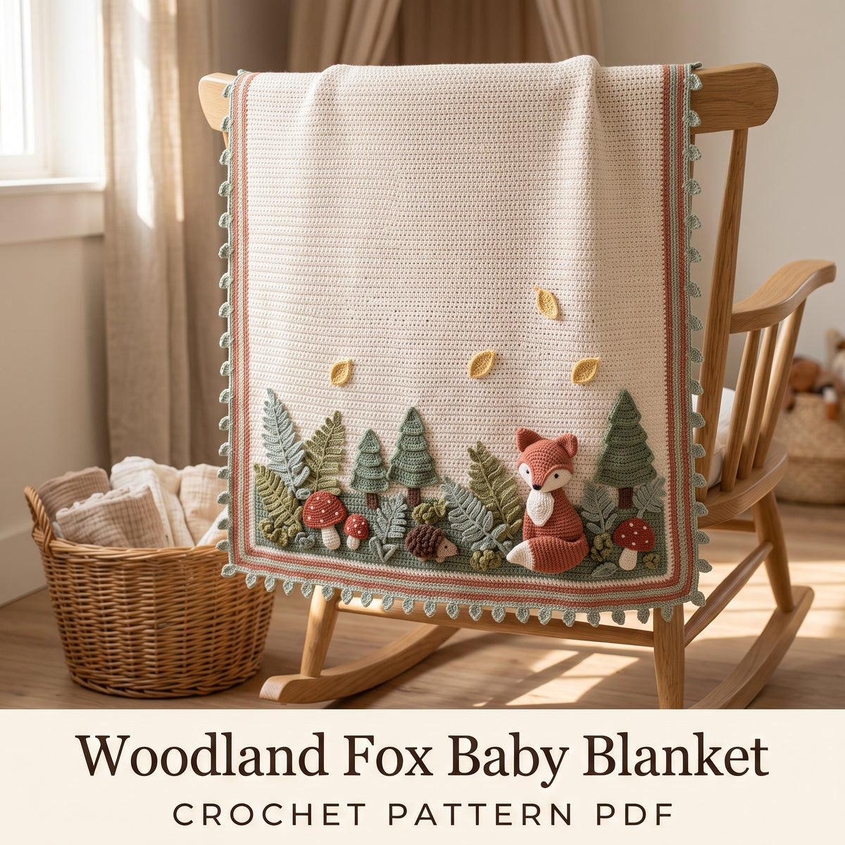 Woodland Fox Baby Blanket Crochet Pattern PDF, 3D Fox, Toadstools and Ferns Nursery Afghan, Gender Neutral Baby Gift