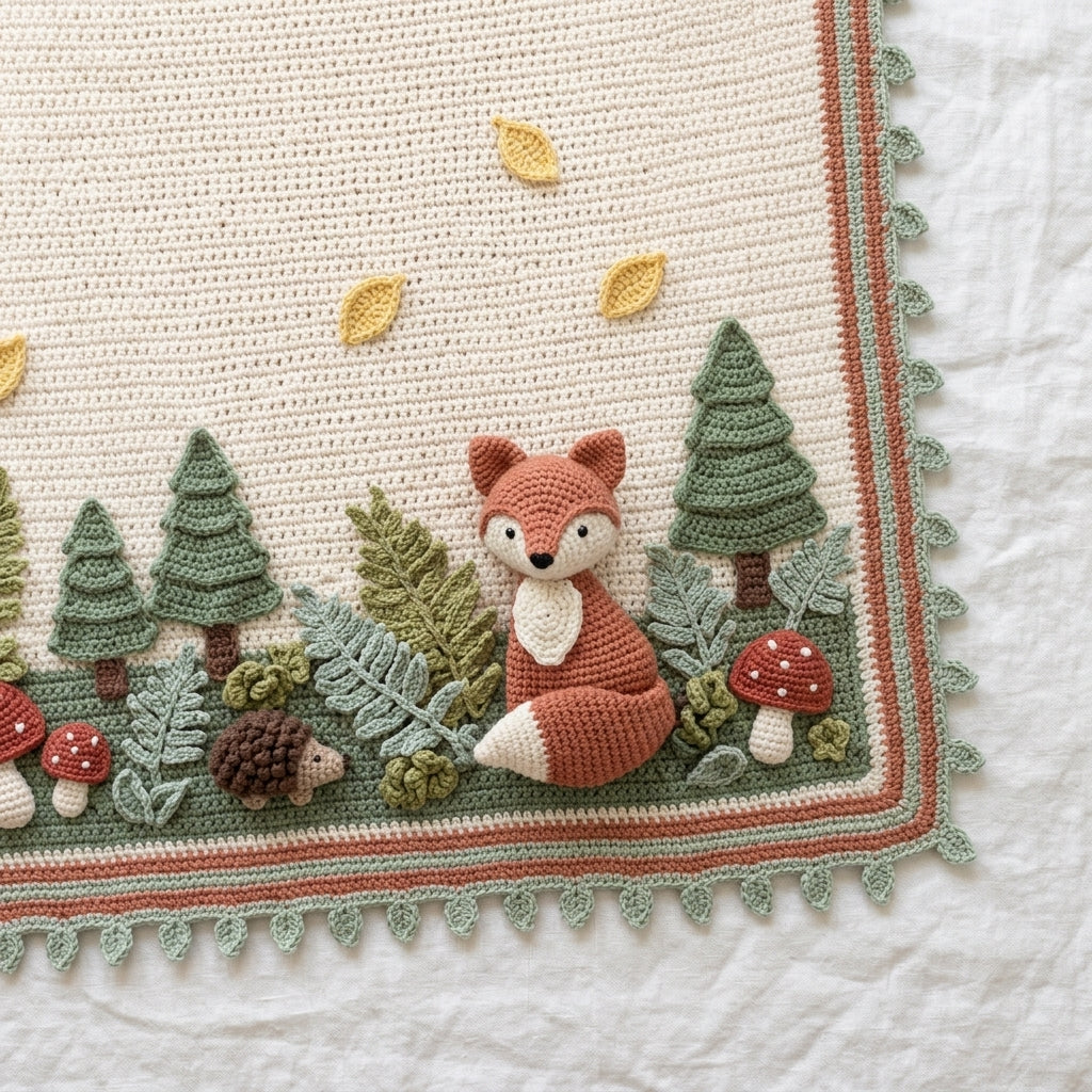Woodland Fox Baby Blanket Crochet Pattern PDF, 3D Fox, Toadstools and Ferns Nursery Afghan, Gender Neutral Baby Gift