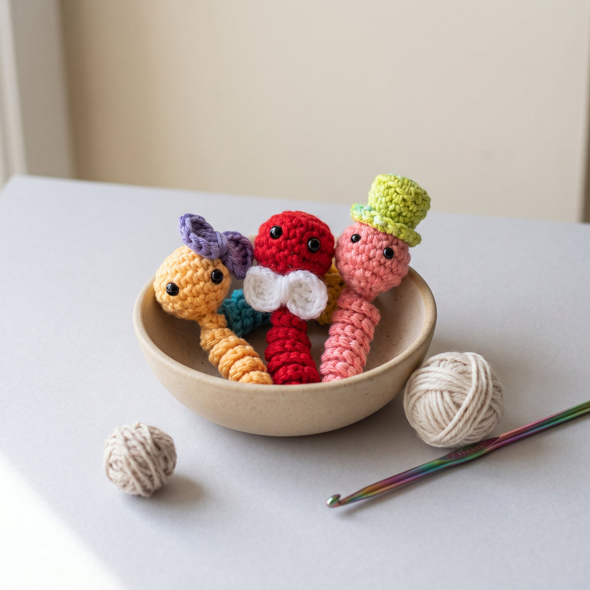 Worry Worm Crochet Pattern PDF, Pocket Hug Amigurumi with Hats and Bows, Quick Stash Buster, Easy Gift