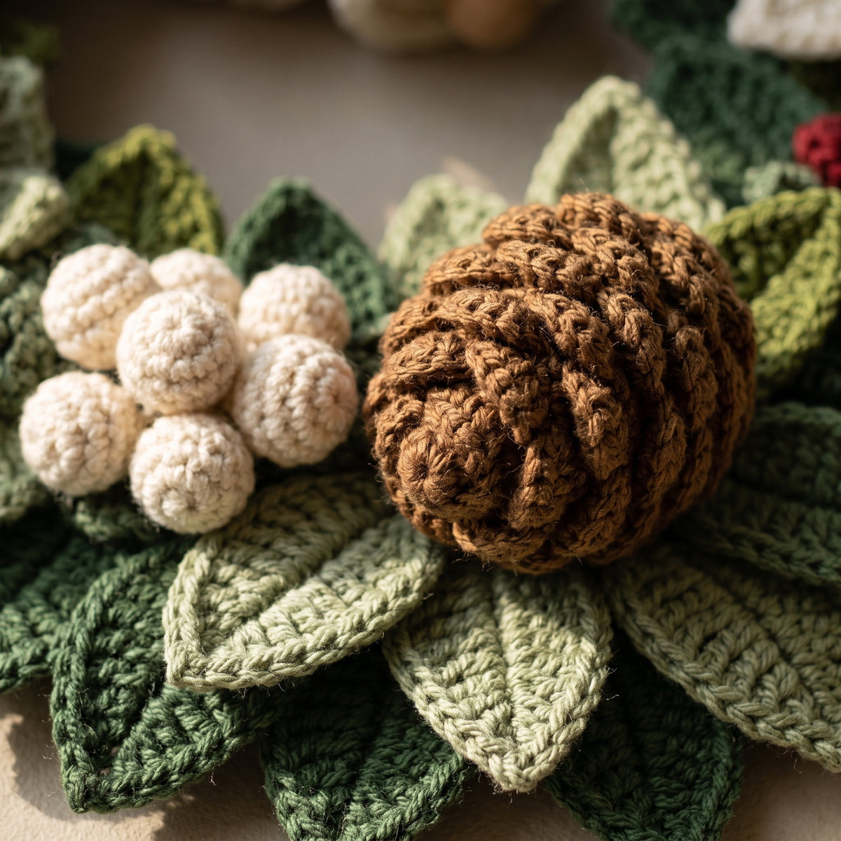 Crochet Christmas Wreath Pattern PDF | Poinsettias, Pinecones, Bells & Bow | Full Assembly Guide | US & UK Terms