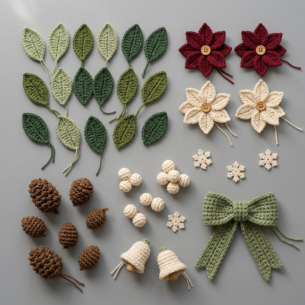 Crochet Christmas Wreath Pattern PDF | Poinsettias, Pinecones, Bells & Bow | Full Assembly Guide | US & UK Terms