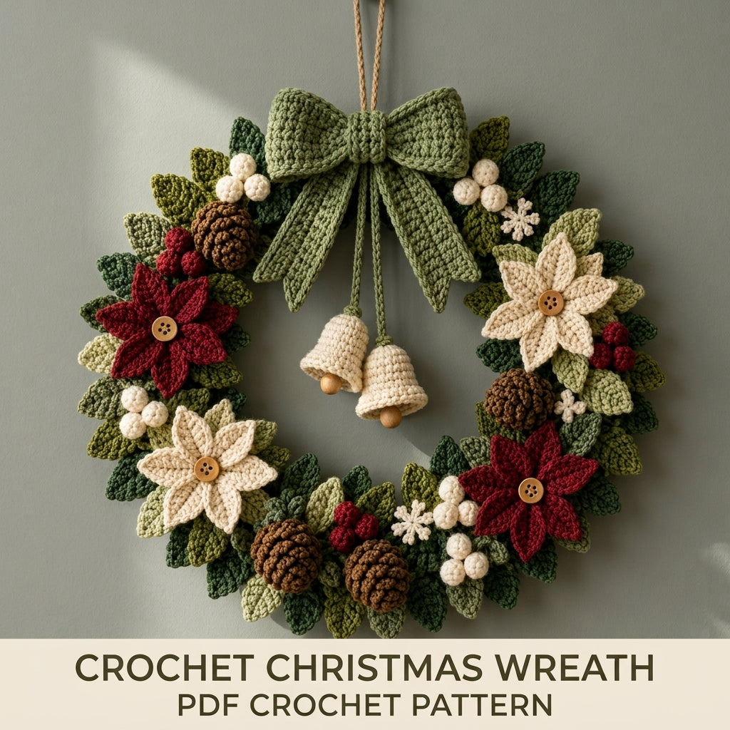 Crochet Christmas Wreath Pattern PDF | Poinsettias, Pinecones, Bells & Bow | Full Assembly Guide | US & UK Terms