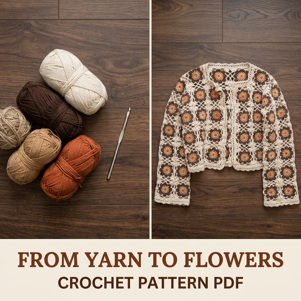 Brown Flower Square Cardigan Crochet Pattern PDF – Cropped Boho Cardigan