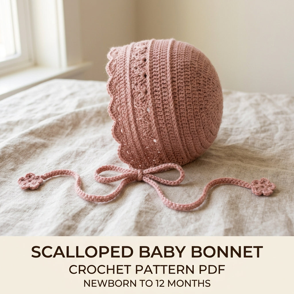 Baby Bonnet Crochet Pattern PDF, Scalloped Lace Bonnet with Flower Ties, Newborn to 12 Months, Easy Pattern, 5 Languages