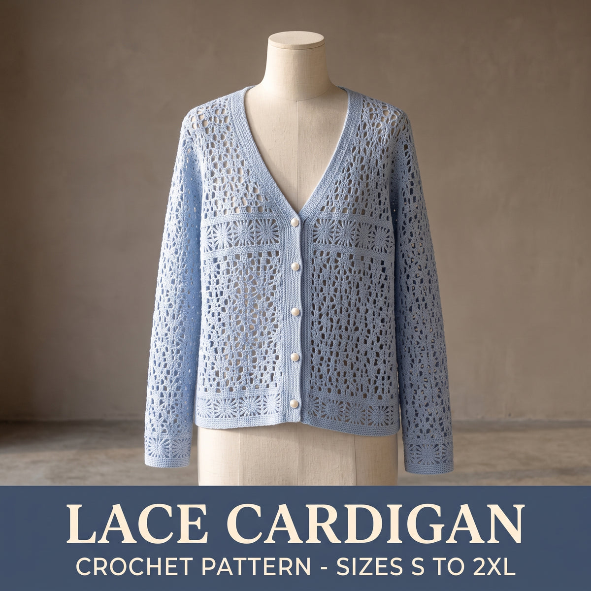 Lace Cardigan Crochet Pattern PDF, Sizes S to 2XL, Button Front