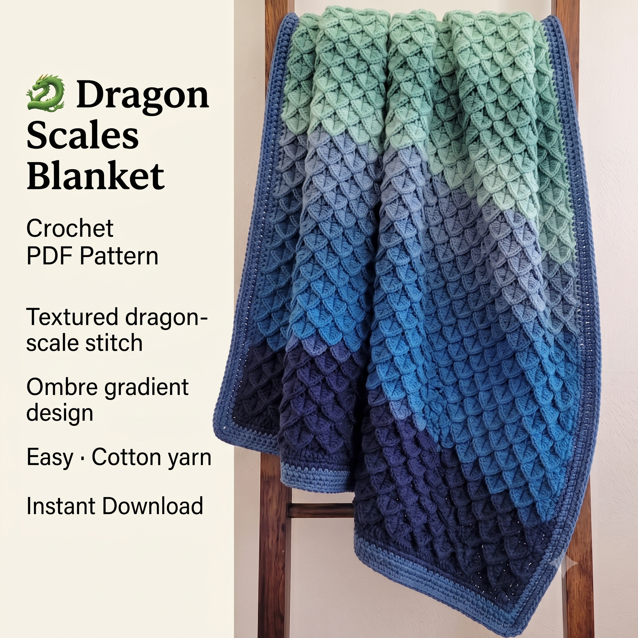 Dragon Scales Crochet Blanket Pattern PDF, Easy Textured Afghan, Dragon Scale Stitch Throw, English US Terms, Instant Download