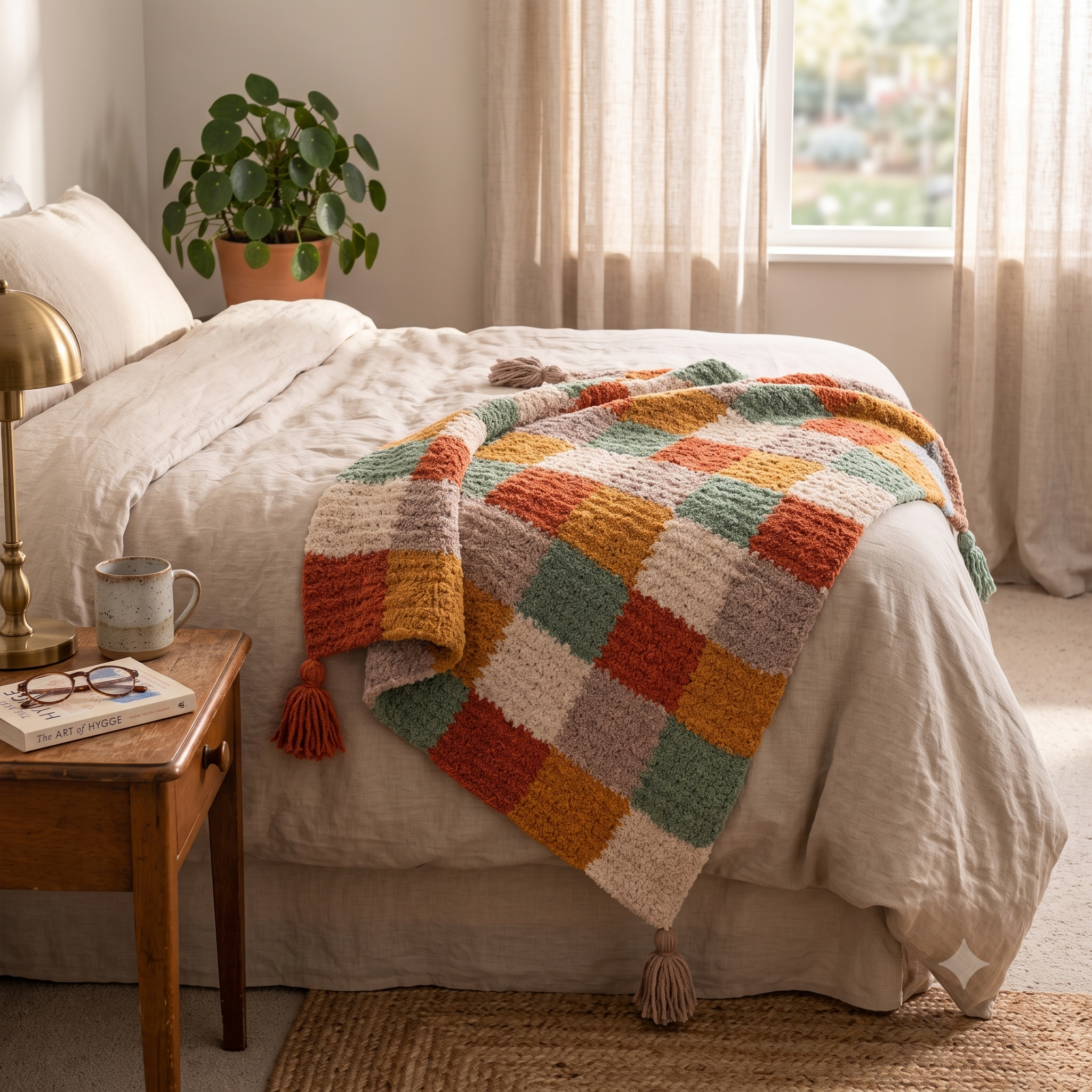 Granny Square Blanket Crochet Pattern – PDF Colorful Patchwork Throw – 80×100 cm – Plush Multicolor Blanket with Tassels – Instant Download