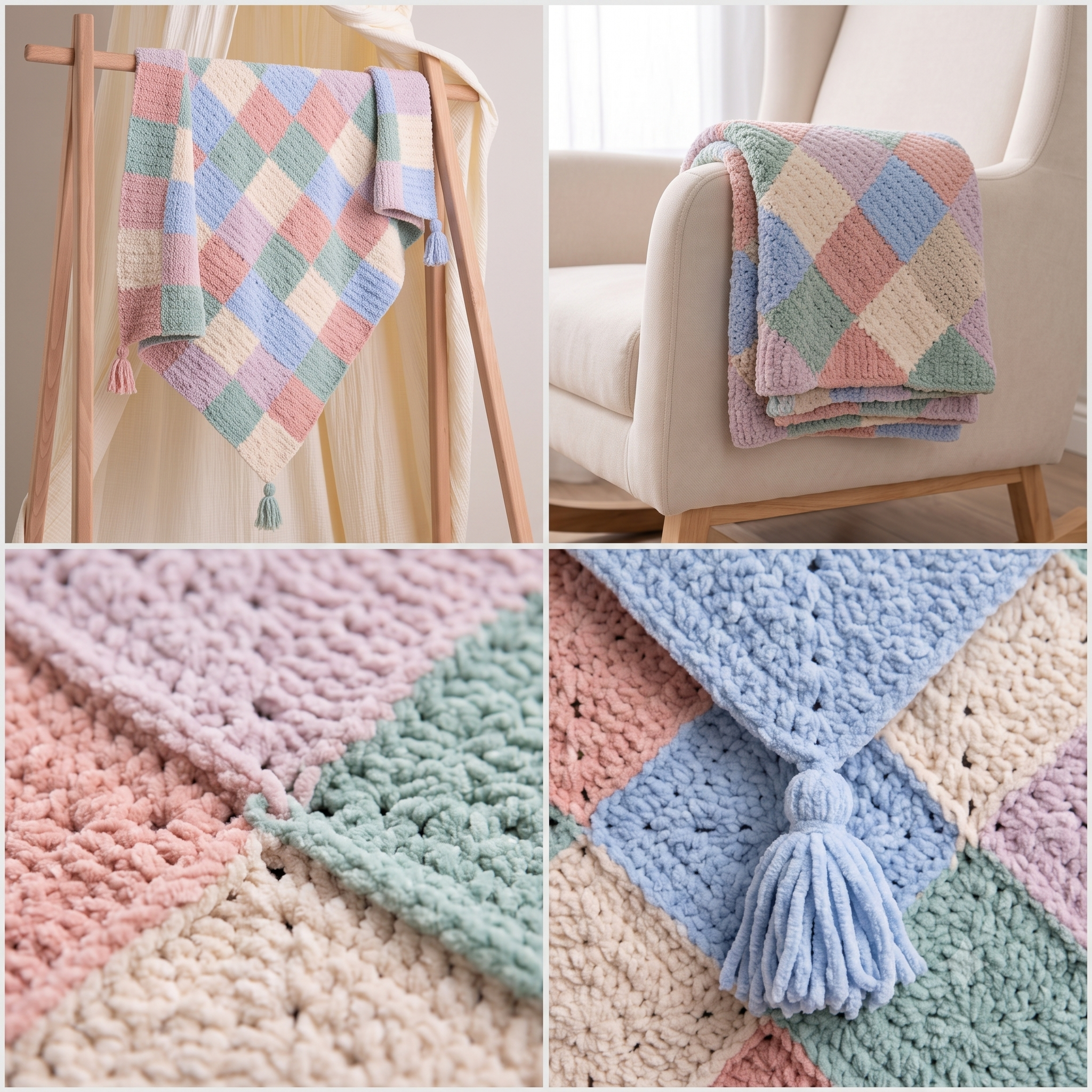 Granny Square Blanket Crochet Pattern – PDF Colorful Patchwork Throw – 80×100 cm – Plush Multicolor Blanket with Tassels – Instant Download