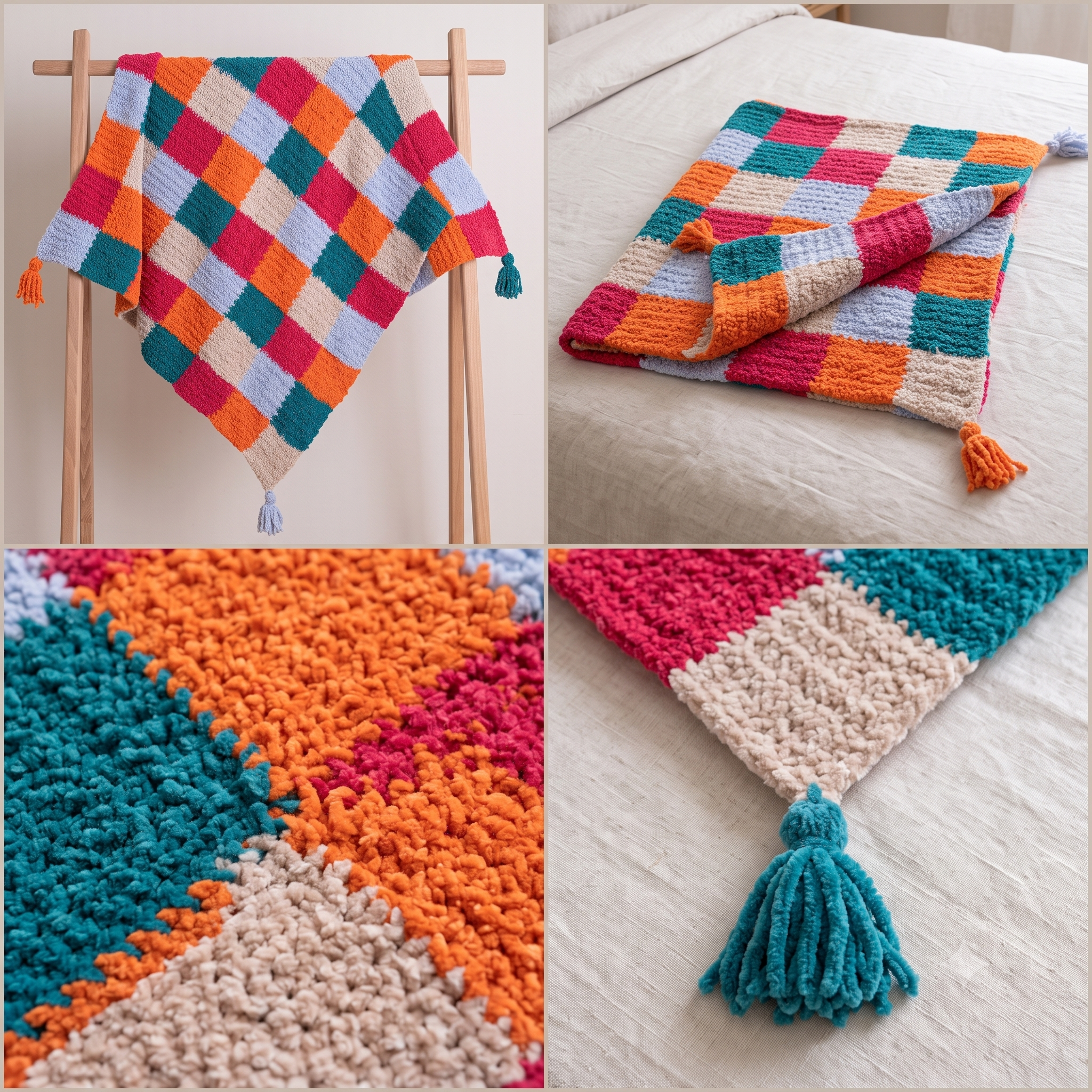 Granny Square Blanket Crochet Pattern – PDF Colorful Patchwork Throw – 80×100 cm – Plush Multicolor Blanket with Tassels – Instant Download