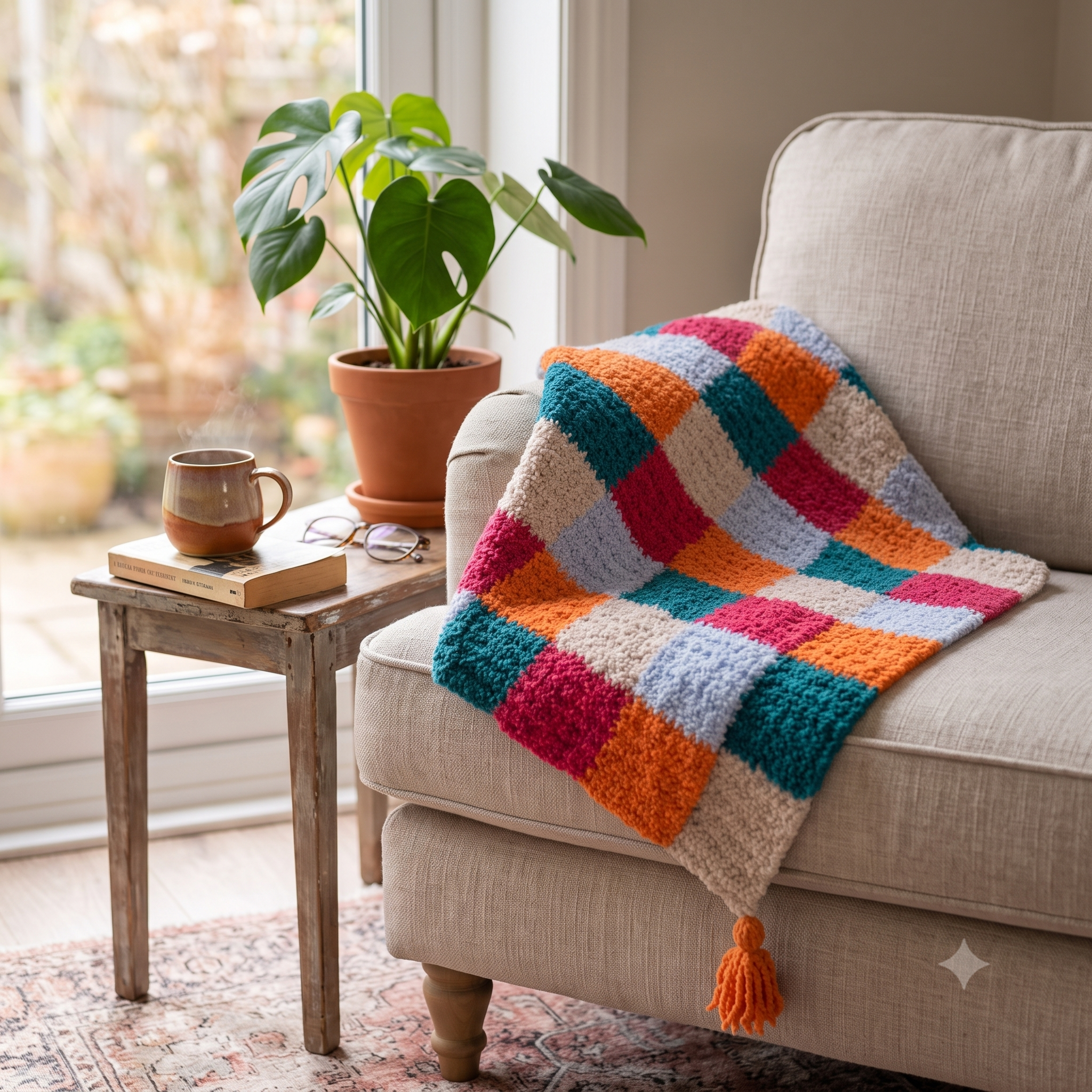 Granny Square Blanket Crochet Pattern – PDF Colorful Patchwork Throw – 80×100 cm – Plush Multicolor Blanket with Tassels – Instant Download