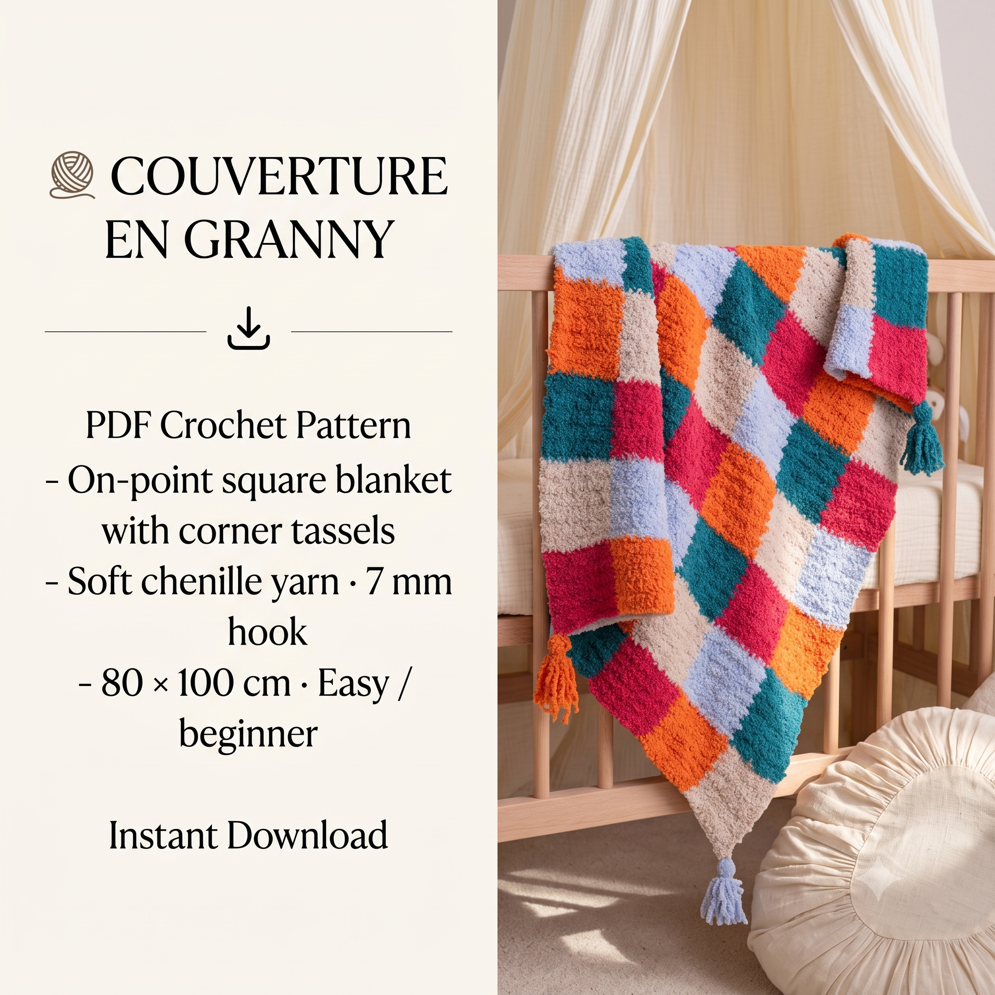 Granny Square Blanket Crochet Pattern – PDF Colorful Patchwork Throw – 80×100 cm – Plush Multicolor Blanket with Tassels – Instant Download