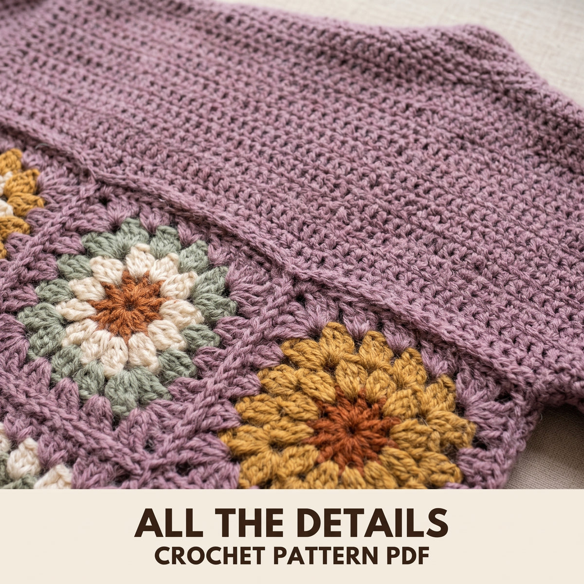 Long Crochet Cardigan Pattern, Flower Granny Square Back and Solid Front, Size Inclusive, Instant PDF