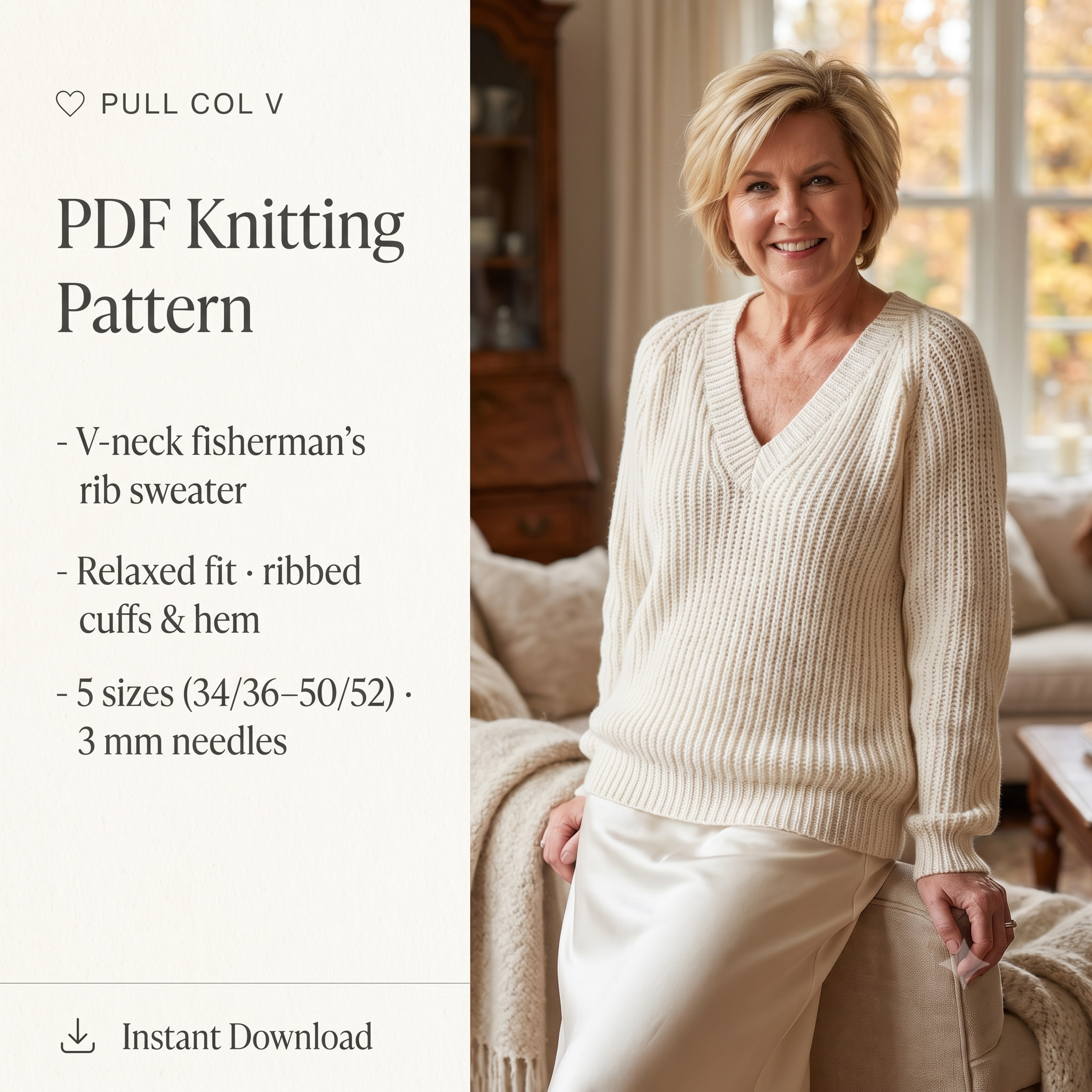 V-Neck Sweater Knitting Pattern – PDF Ribbed Pullover Pattern – 5 Sizes 34/36 to 50/52 – Fisherman's Rib V-Neck Jumper – Instant Download
