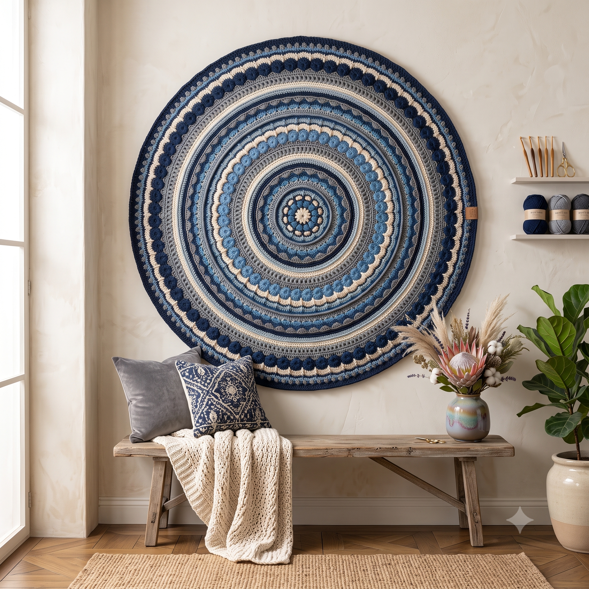 Mandala Crochet Blanket Pattern PDF, Circular Rug Crochet Pattern, Round Boho Throw, Textured Mandala Wall Hanging, Instant Download
