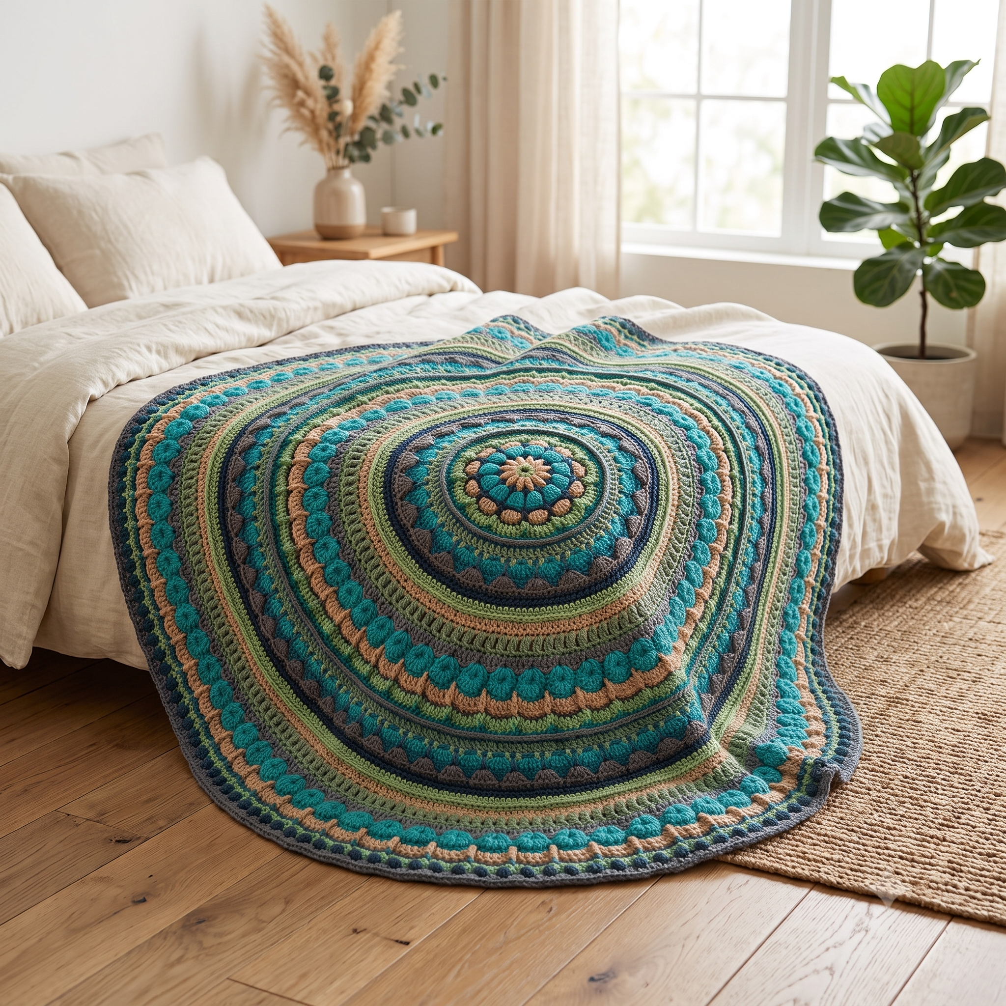 Mandala Crochet Blanket Pattern PDF, Circular Rug Crochet Pattern, Round Boho Throw, Textured Mandala Wall Hanging, Instant Download
