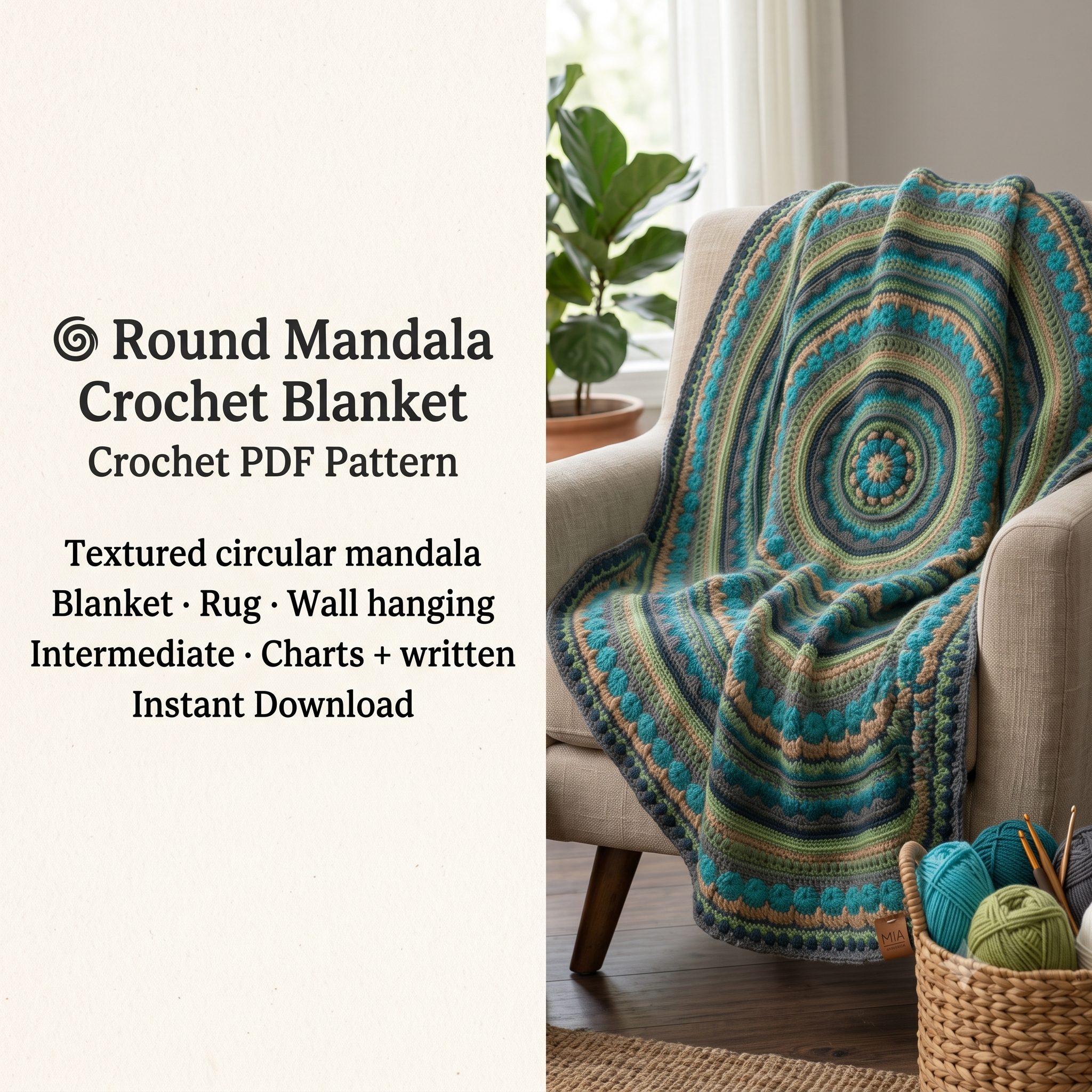Mandala Crochet Blanket Pattern PDF, Circular Rug Crochet Pattern, Round Boho Throw, Textured Mandala Wall Hanging, Instant Download