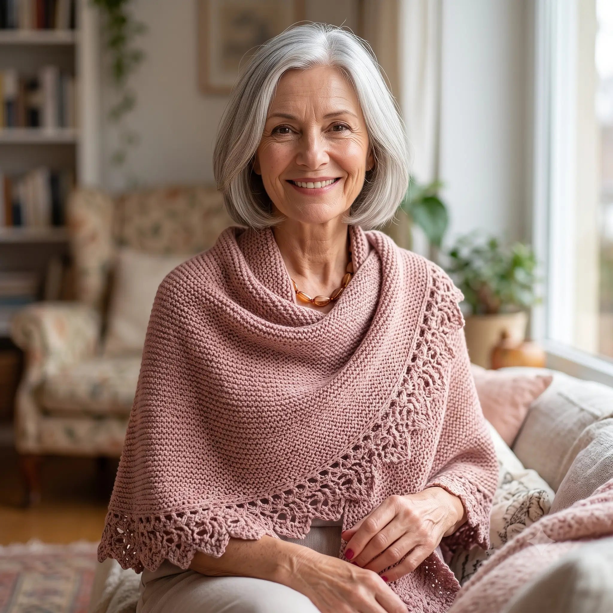 Knit Shawl Pattern PDF, Triangle Shawl Knitting Pattern, Garter Stitch Wrap with Lace Border, 3 Sizes, Beginner Friendly Instant Download