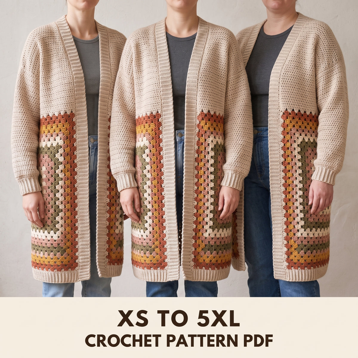 Granny Stripe Long Cardigan Crochet Pattern PDF, Oversized Blanket Cardigan, Sizes XS to 5XL, DK Yarn