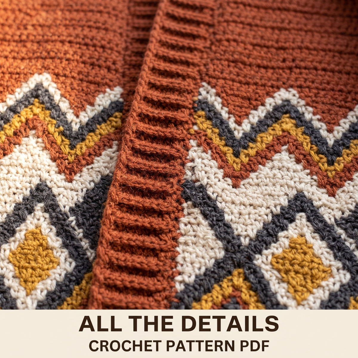Long Boho Cardigan Crochet Pattern, Kilim Style Diamonds in Rust Cream and Mustard, Size Inclusive, PDF