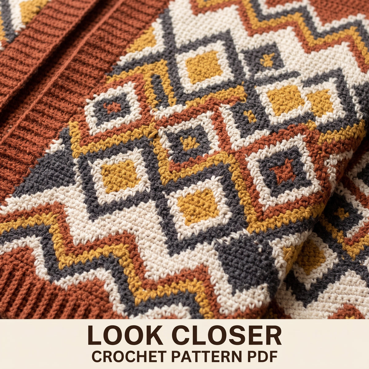 Long Boho Cardigan Crochet Pattern, Kilim Style Diamonds in Rust Cream and Mustard, Size Inclusive, PDF
