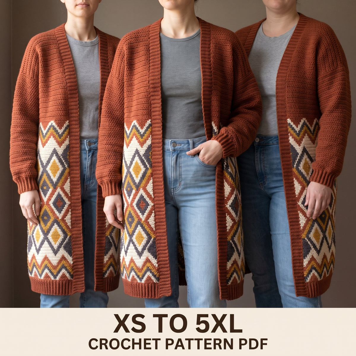 Long Boho Cardigan Crochet Pattern, Kilim Style Diamonds in Rust Cream and Mustard, Size Inclusive, PDF