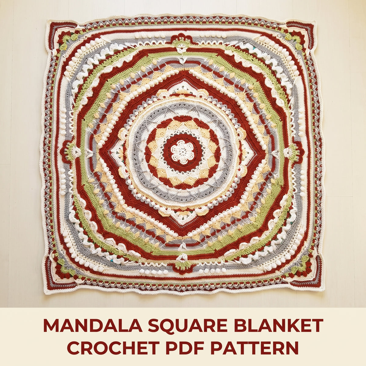 Mandala Square Blanket Crochet Pattern | Textured Round-to-Square Bedspread | Any Size, Any Yarn | US & UK Terms | PDF Download