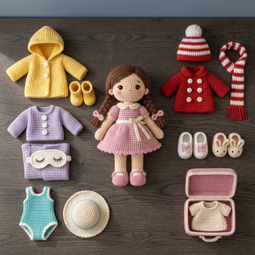 Crochet Doll Pattern with Clothes, 30 cm Dress Up Doll and Wardrobe, 6 Outfits, Suitcase, Beginner Friendly PDF