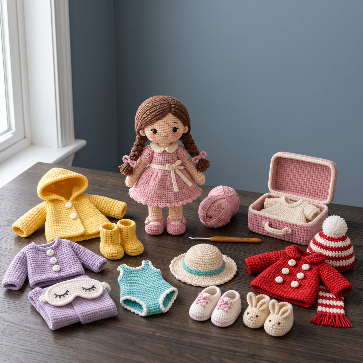 Crochet Doll Pattern with Clothes, 30 cm Dress Up Doll and Wardrobe, 6 Outfits, Suitcase, Beginner Friendly PDF