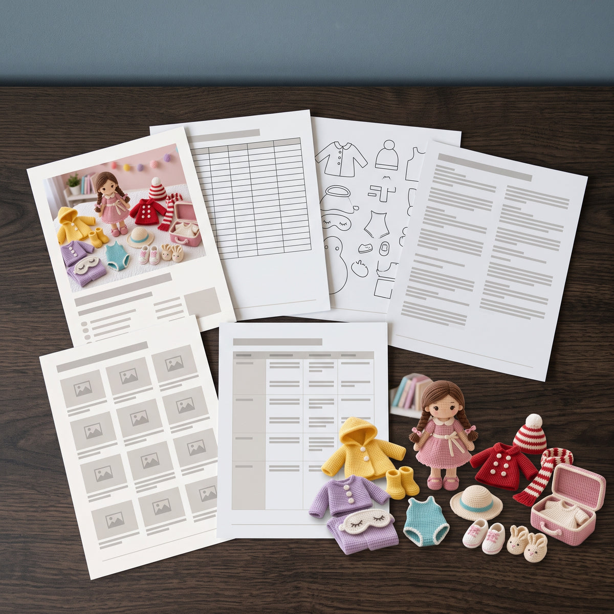 Crochet Doll Pattern with Clothes, 30 cm Dress Up Doll and Wardrobe, 6 Outfits, Suitcase, Beginner Friendly PDF